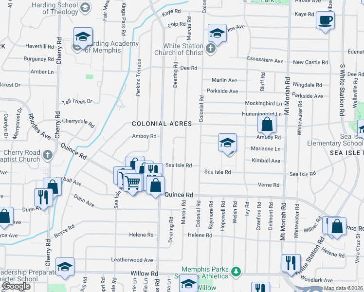 map of restaurants, bars, coffee shops, grocery stores, and more near 1328 Dearing Road in Memphis