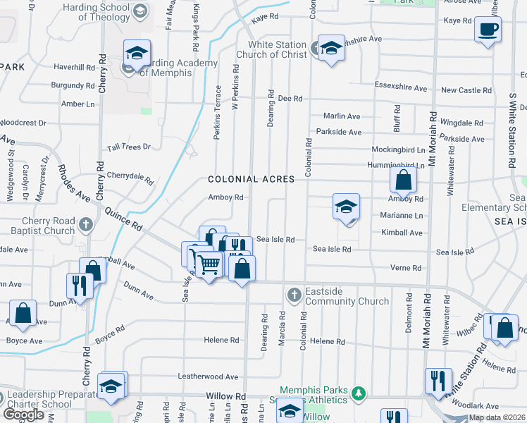 map of restaurants, bars, coffee shops, grocery stores, and more near 1328 Dearing Road in Memphis