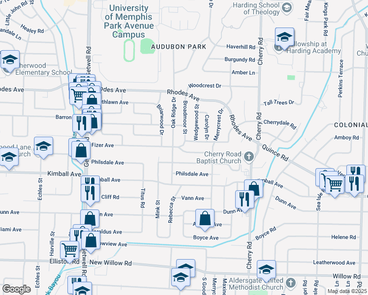 map of restaurants, bars, coffee shops, grocery stores, and more near 4200 Cherrydale Road in Memphis