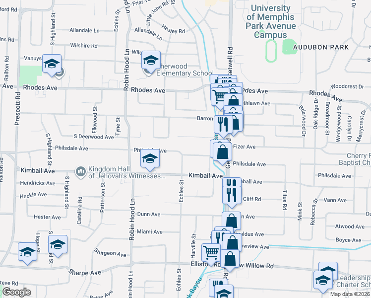 map of restaurants, bars, coffee shops, grocery stores, and more near 3859 Fizer Avenue in Memphis