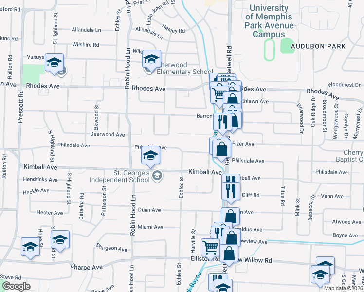 map of restaurants, bars, coffee shops, grocery stores, and more near 3815 Fizer Avenue in Memphis