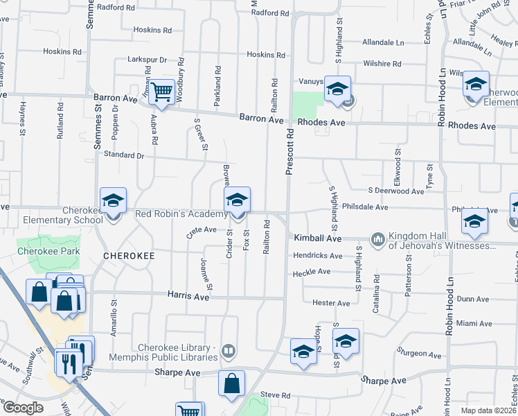 map of restaurants, bars, coffee shops, grocery stores, and more near 1326 Railton Road in Memphis