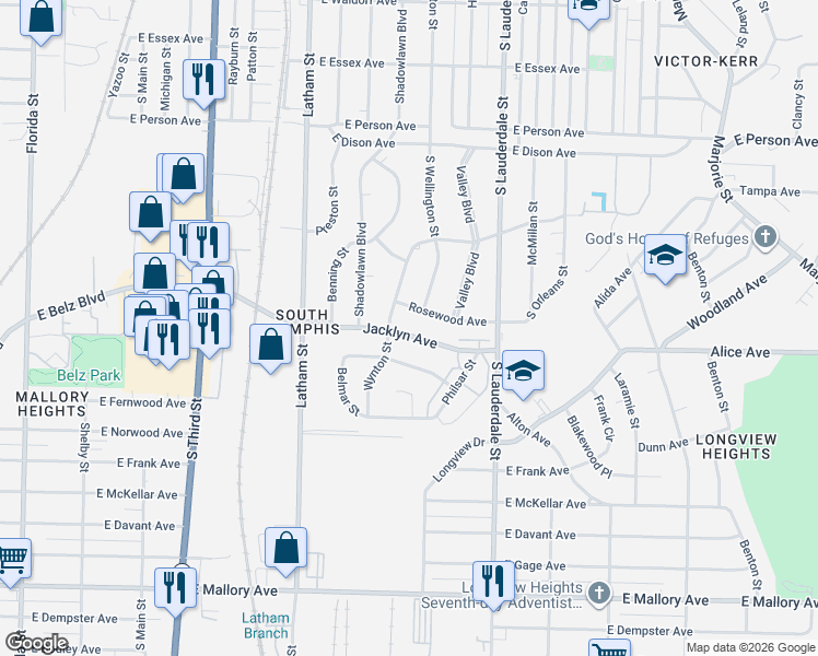 map of restaurants, bars, coffee shops, grocery stores, and more near 447 Rosewood Avenue in Memphis