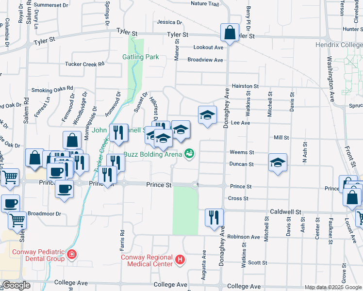 map of restaurants, bars, coffee shops, grocery stores, and more near 2300 Prince Street in Conway