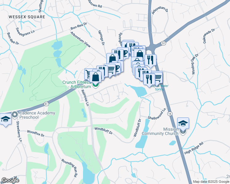 map of restaurants, bars, coffee shops, grocery stores, and more near 3619 Willow Point Drive in Charlotte