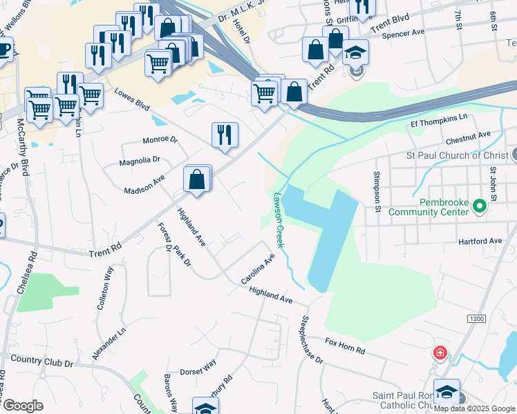 map of restaurants, bars, coffee shops, grocery stores, and more near 801 Carolina Avenue in New Bern