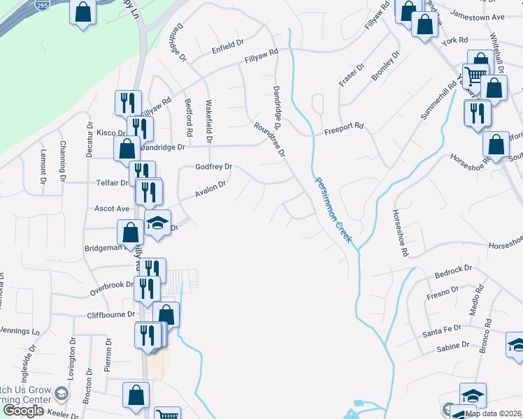map of restaurants, bars, coffee shops, grocery stores, and more near 508 Wendell Place in Fayetteville