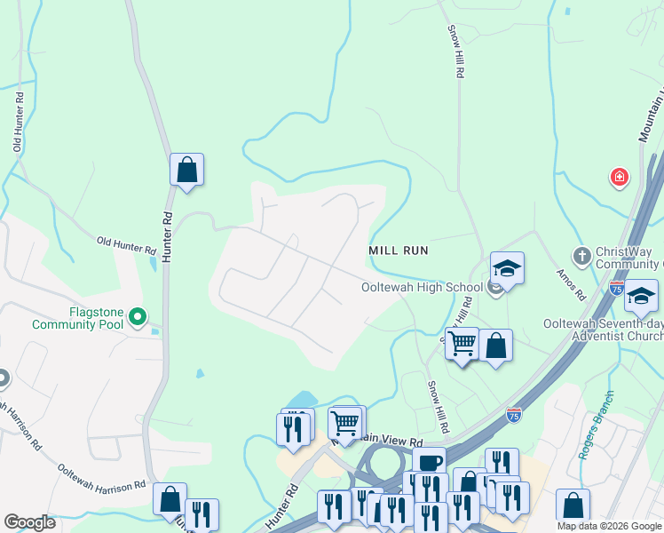 map of restaurants, bars, coffee shops, grocery stores, and more near 8323 Mitchell Mill Road in Ooltewah