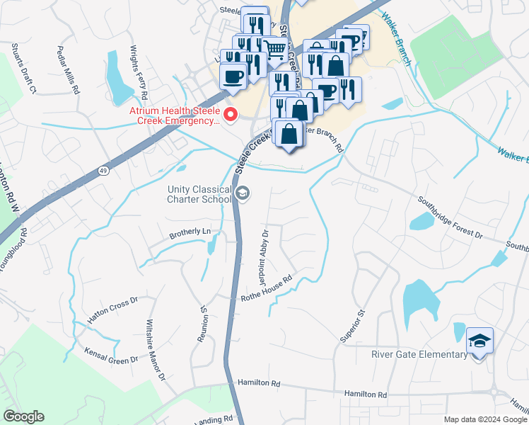 map of restaurants, bars, coffee shops, grocery stores, and more near 14842 Jerpoint Abby Drive in Charlotte
