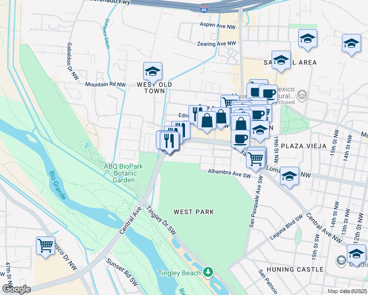 map of restaurants, bars, coffee shops, grocery stores, and more near 2401 Central Avenue Northwest in Albuquerque