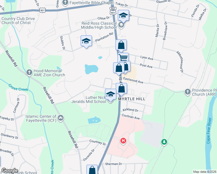 map of restaurants, bars, coffee shops, grocery stores, and more near 115 Rowland Circle in Fayetteville