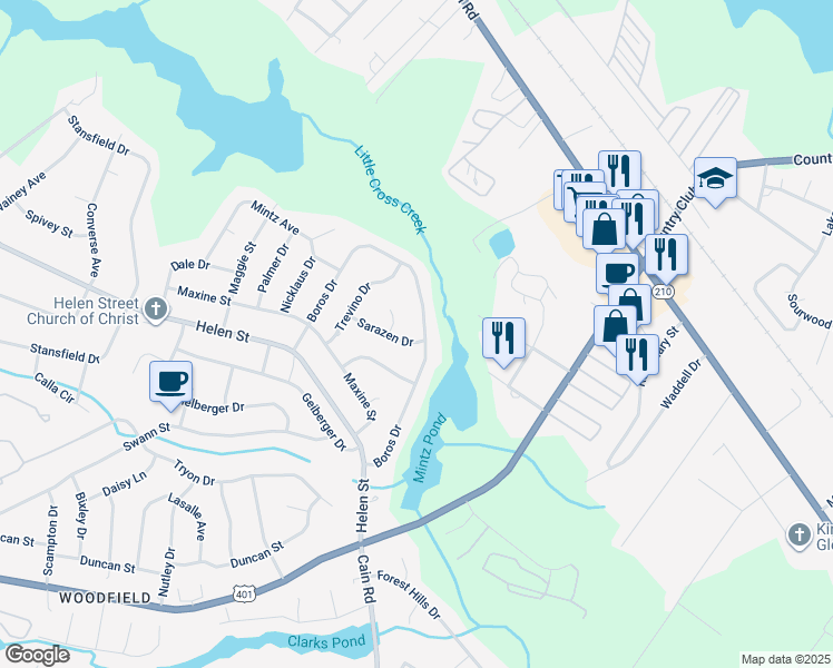 map of restaurants, bars, coffee shops, grocery stores, and more near 1632 Boros Drive in Fayetteville