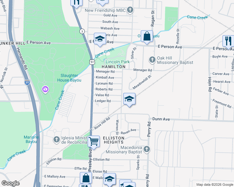 map of restaurants, bars, coffee shops, grocery stores, and more near 1436 Roberts Road in Memphis