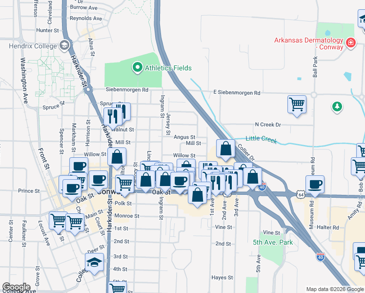 map of restaurants, bars, coffee shops, grocery stores, and more near 1180 Neal Street in Conway