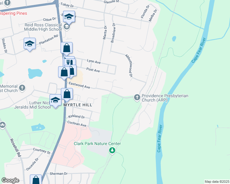 map of restaurants, bars, coffee shops, grocery stores, and more near 311 Eastwood Avenue in Fayetteville