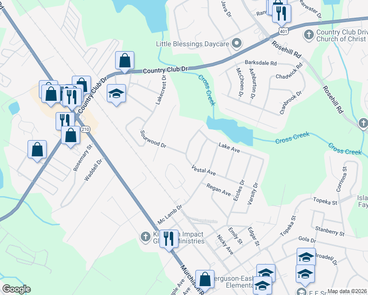 map of restaurants, bars, coffee shops, grocery stores, and more near 2529 Vestal Avenue in Fayetteville