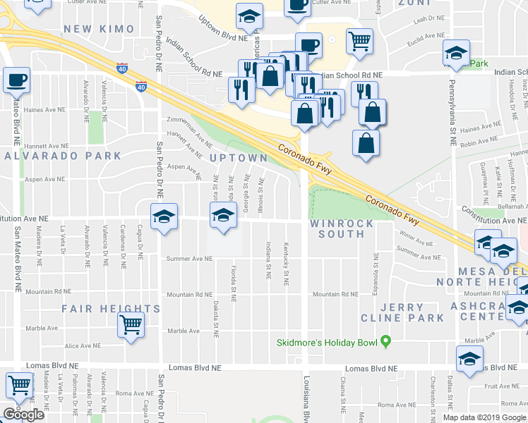 map of restaurants, bars, coffee shops, grocery stores, and more near 1816 Indiana Street Northeast in Albuquerque