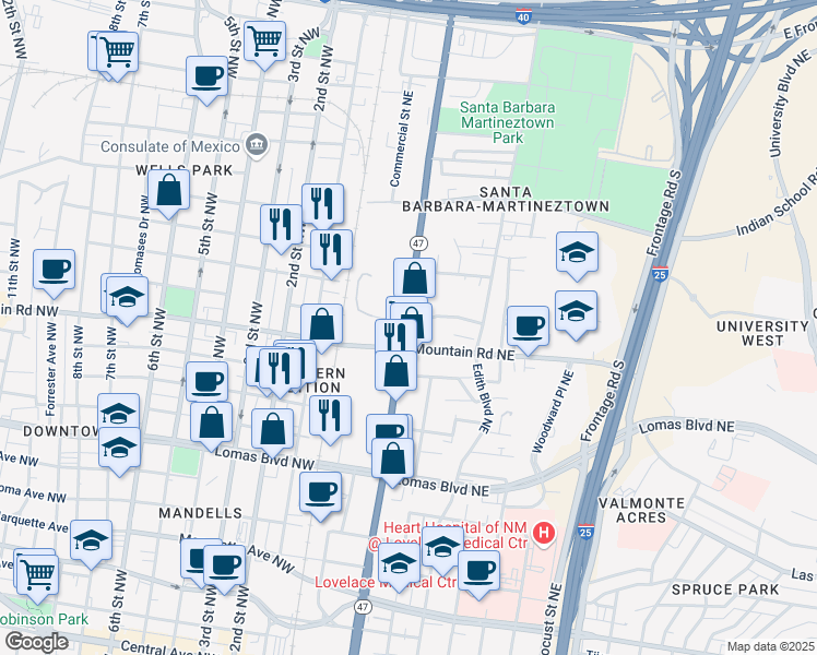 map of restaurants, bars, coffee shops, grocery stores, and more near in Albuquerque