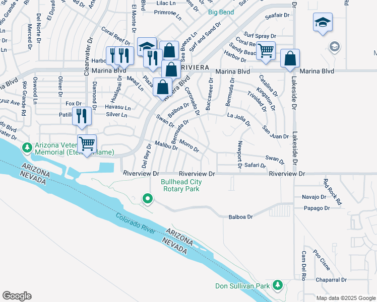 map of restaurants, bars, coffee shops, grocery stores, and more near 732 Morro Drive in Bullhead City