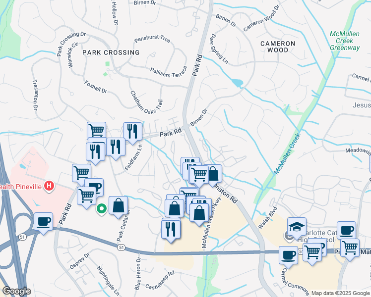 map of restaurants, bars, coffee shops, grocery stores, and more near in Pineville