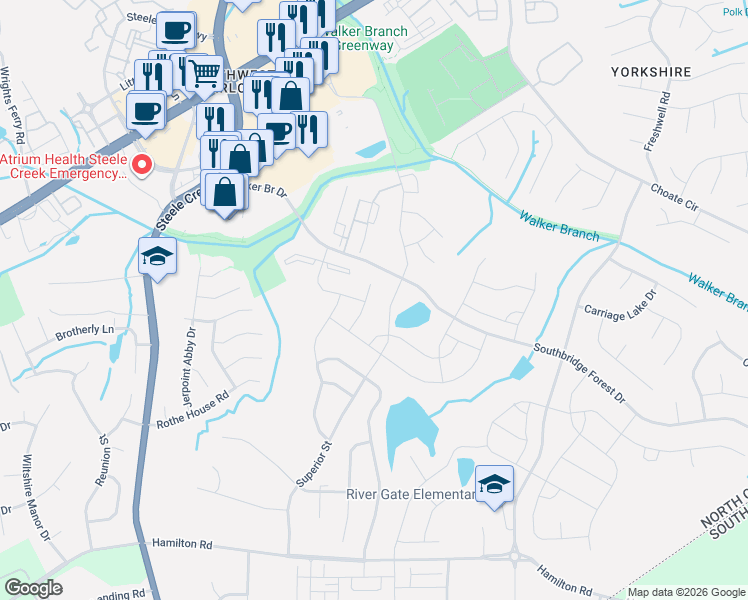 map of restaurants, bars, coffee shops, grocery stores, and more near 13527 Pontchatrain Avenue in Charlotte