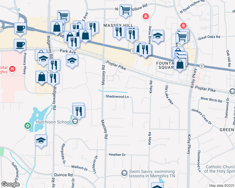 map of restaurants, bars, coffee shops, grocery stores, and more near 6395 Brooks Manor Cove in Memphis