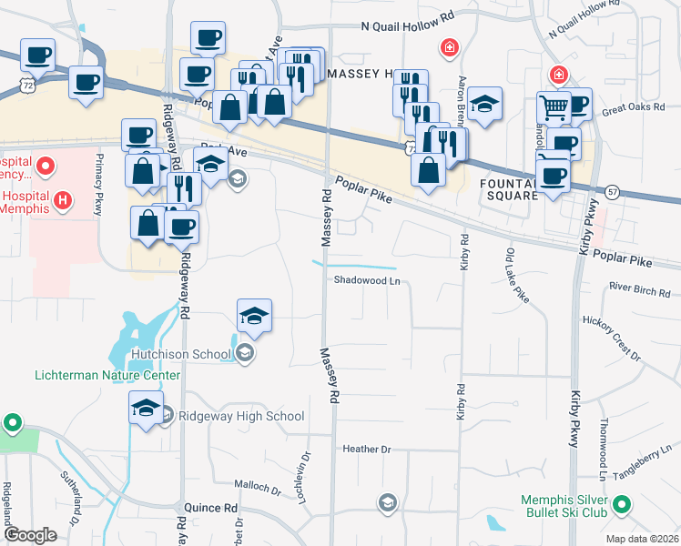 map of restaurants, bars, coffee shops, grocery stores, and more near 6345 Brooks Manor Cove in Memphis