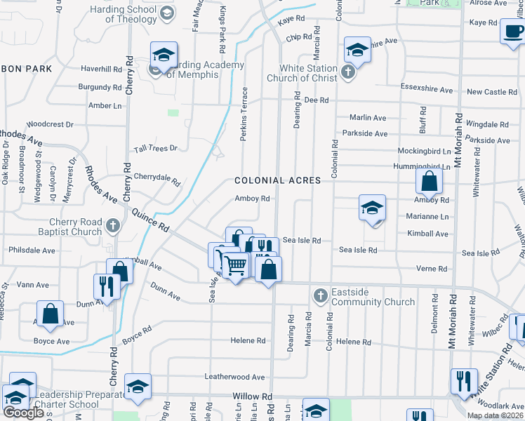 map of restaurants, bars, coffee shops, grocery stores, and more near 1329 South Perkins Road in Memphis