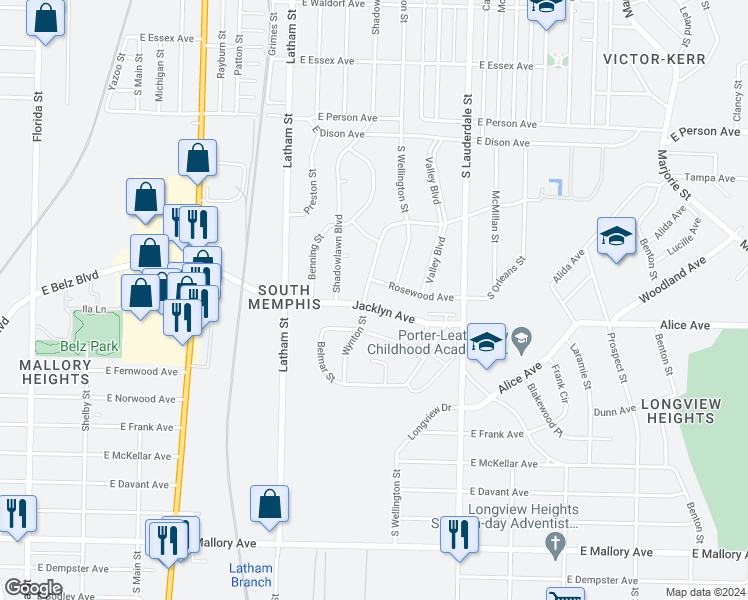 map of restaurants, bars, coffee shops, grocery stores, and more near 447 Rosewood Avenue in Memphis