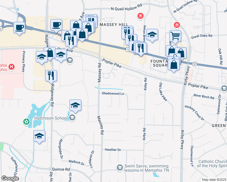 map of restaurants, bars, coffee shops, grocery stores, and more near 6395 Brooks Manor Cove in Memphis