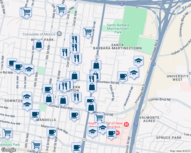 map of restaurants, bars, coffee shops, grocery stores, and more near 1218 Broadway Boulevard Northeast in Albuquerque