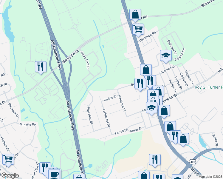 map of restaurants, bars, coffee shops, grocery stores, and more near 317 Bonnie Street in Fayetteville