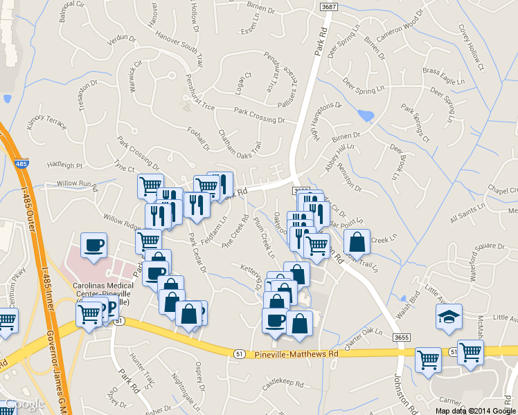 map of restaurants, bars, coffee shops, grocery stores, and more near in Pineville