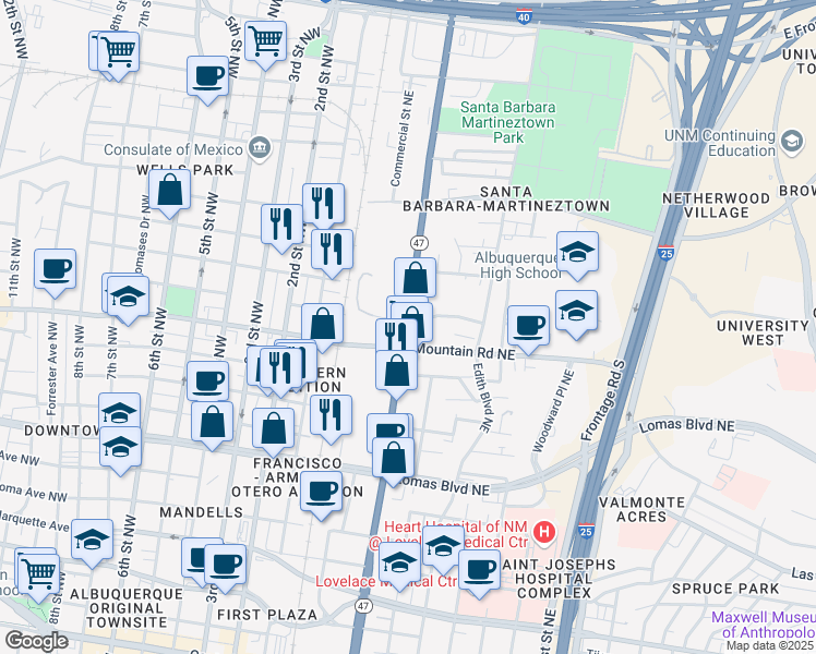 map of restaurants, bars, coffee shops, grocery stores, and more near 1218 Broadway Boulevard Northeast in Albuquerque