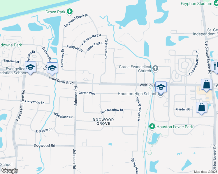 map of restaurants, bars, coffee shops, grocery stores, and more near 9529 Wolf River Boulevard in Germantown