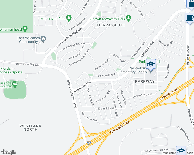 map of restaurants, bars, coffee shops, grocery stores, and more near 9504 Sundoro Place Northwest in Albuquerque