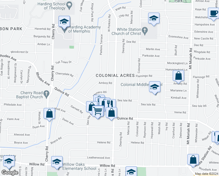 map of restaurants, bars, coffee shops, grocery stores, and more near 4635 Monaco Road in Memphis
