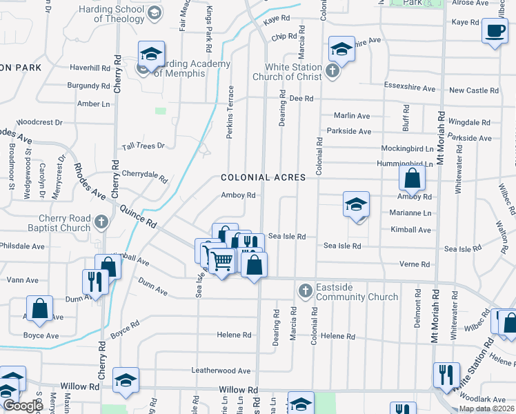 map of restaurants, bars, coffee shops, grocery stores, and more near 1343 South Perkins Road in Memphis