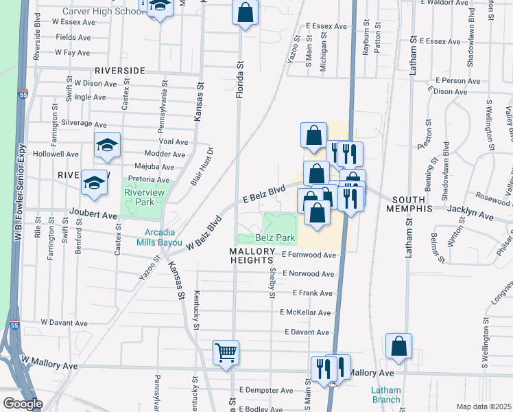 map of restaurants, bars, coffee shops, grocery stores, and more near 11 East Belz Boulevard in Memphis