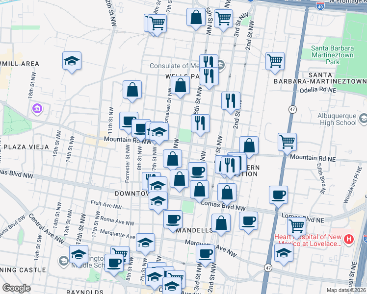 map of restaurants, bars, coffee shops, grocery stores, and more near 591 Mountain Road Northwest in Albuquerque