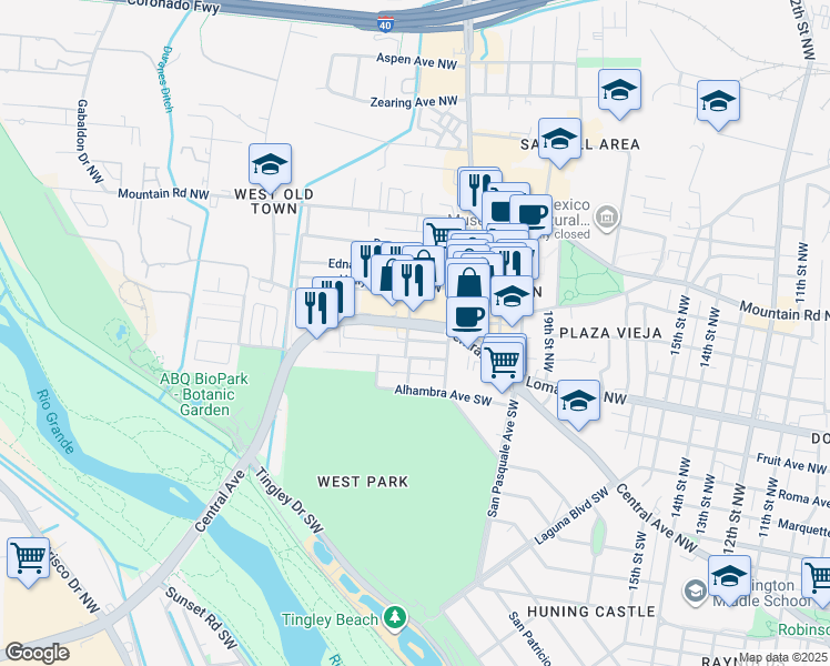 map of restaurants, bars, coffee shops, grocery stores, and more near 2129 Central Avenue Northwest in Albuquerque
