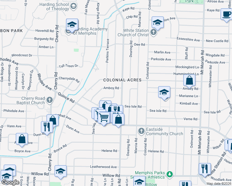 map of restaurants, bars, coffee shops, grocery stores, and more near 1329 South Perkins Road in Memphis