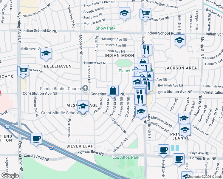 map of restaurants, bars, coffee shops, grocery stores, and more near 9809 Bellamah Avenue Northeast in Albuquerque