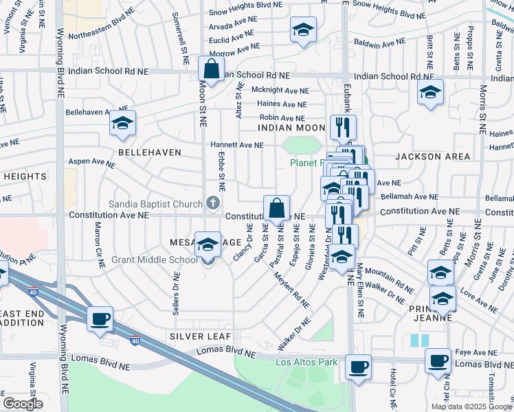 map of restaurants, bars, coffee shops, grocery stores, and more near 9609 Bellamah Avenue Northeast in Albuquerque