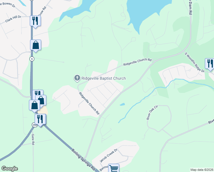 map of restaurants, bars, coffee shops, grocery stores, and more near 582 Ridgeville Crossing Drive in Inman