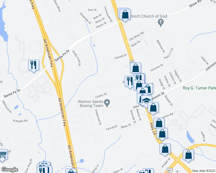 map of restaurants, bars, coffee shops, grocery stores, and more near 311 Bonnie Street in Fayetteville