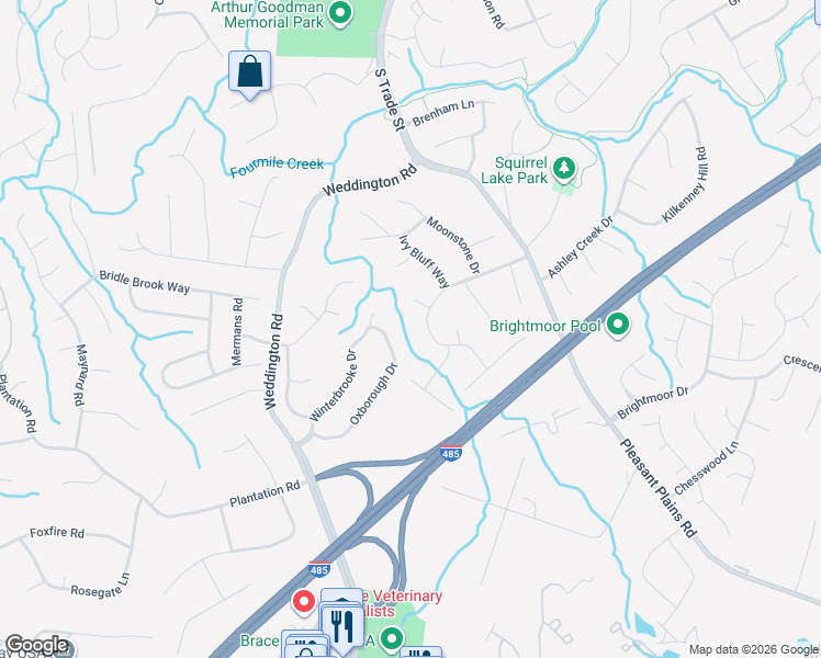 map of restaurants, bars, coffee shops, grocery stores, and more near 1834 Thornblade Ridge Drive in Matthews