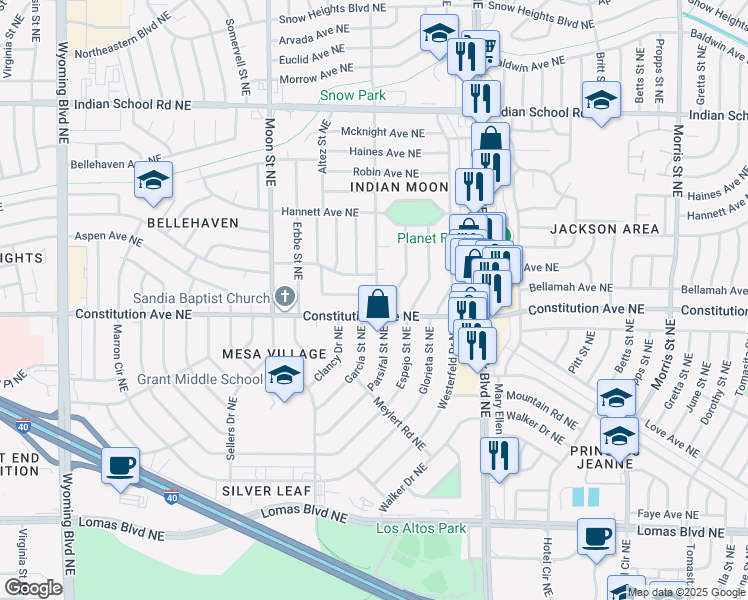 map of restaurants, bars, coffee shops, grocery stores, and more near 9809 Bellamah Avenue Northeast in Albuquerque