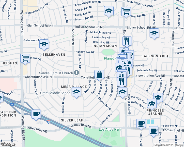 map of restaurants, bars, coffee shops, grocery stores, and more near 9609 Bellamah Avenue Northeast in Albuquerque