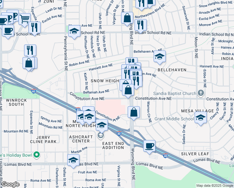 map of restaurants, bars, coffee shops, grocery stores, and more near 1400 Virginia Street Northeast in Albuquerque